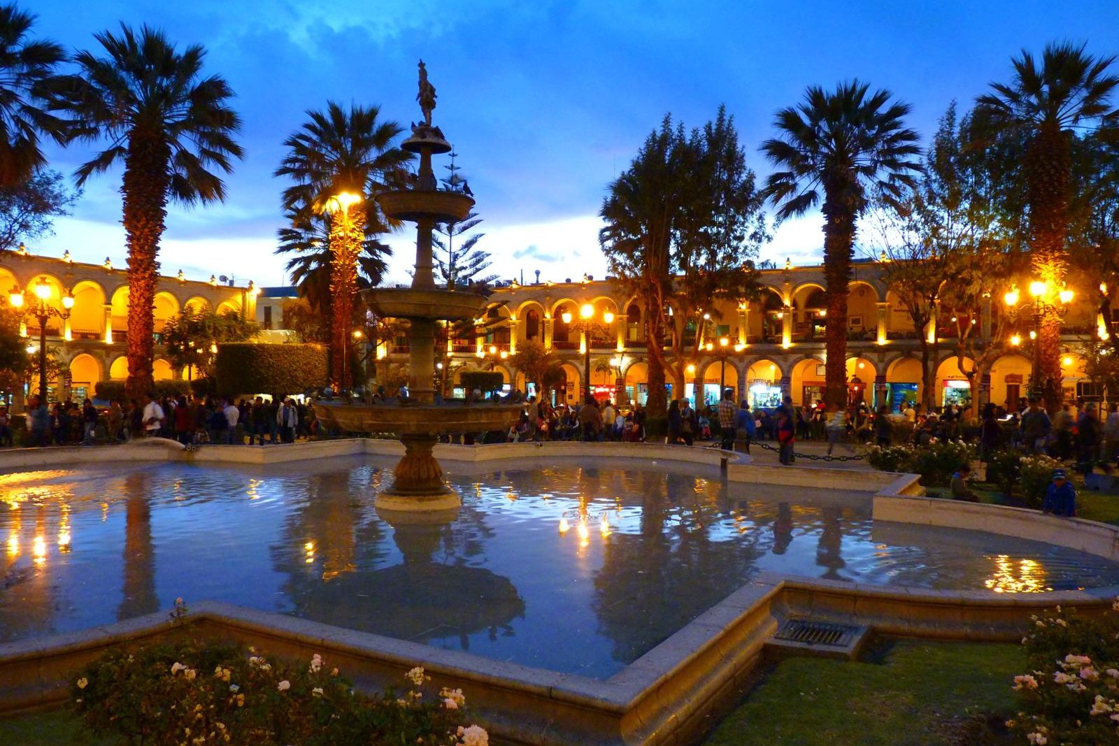 The Plaza de Armas of Arequipa lit at dusk