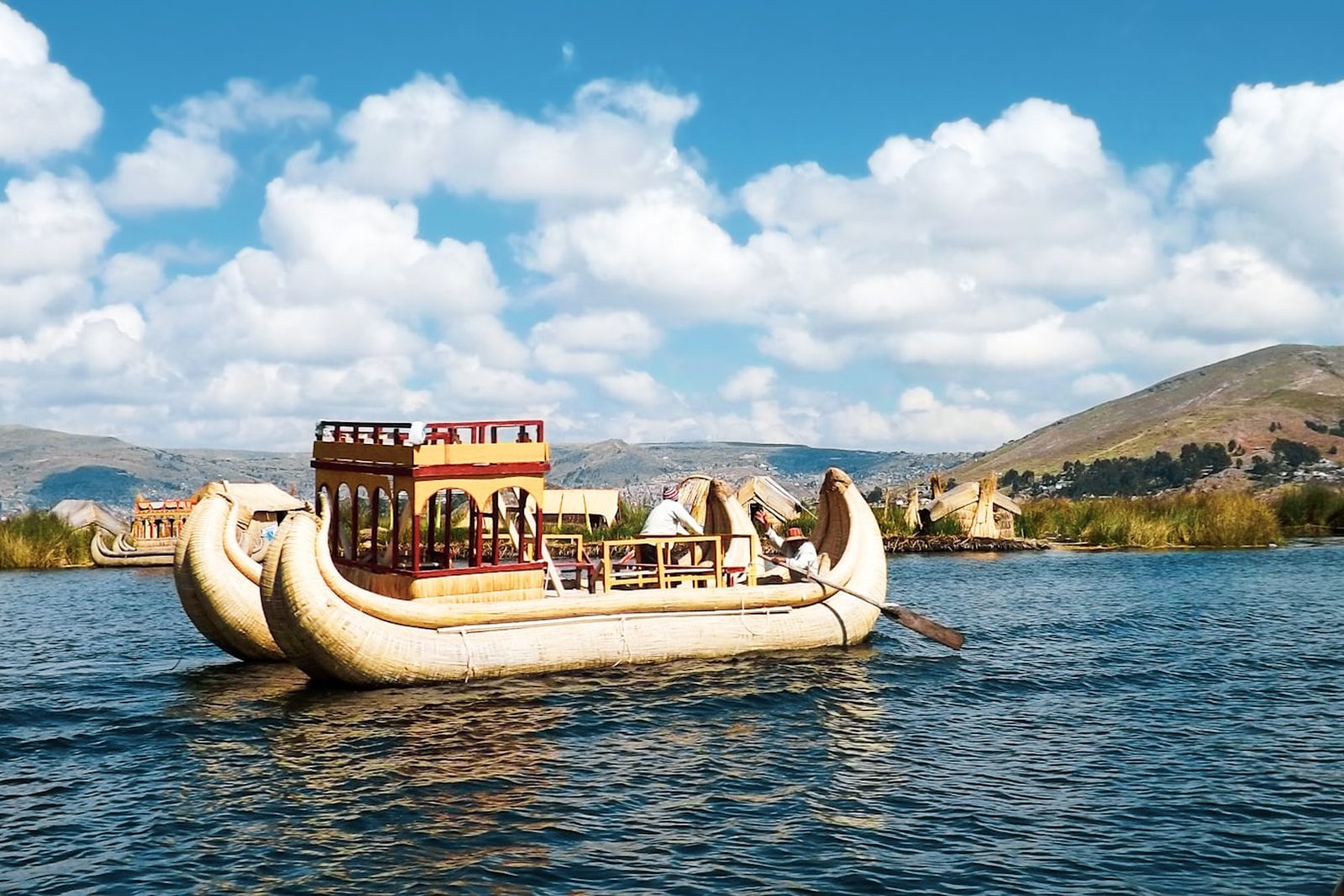 A traditional totora reed boat on Lake Titicaca